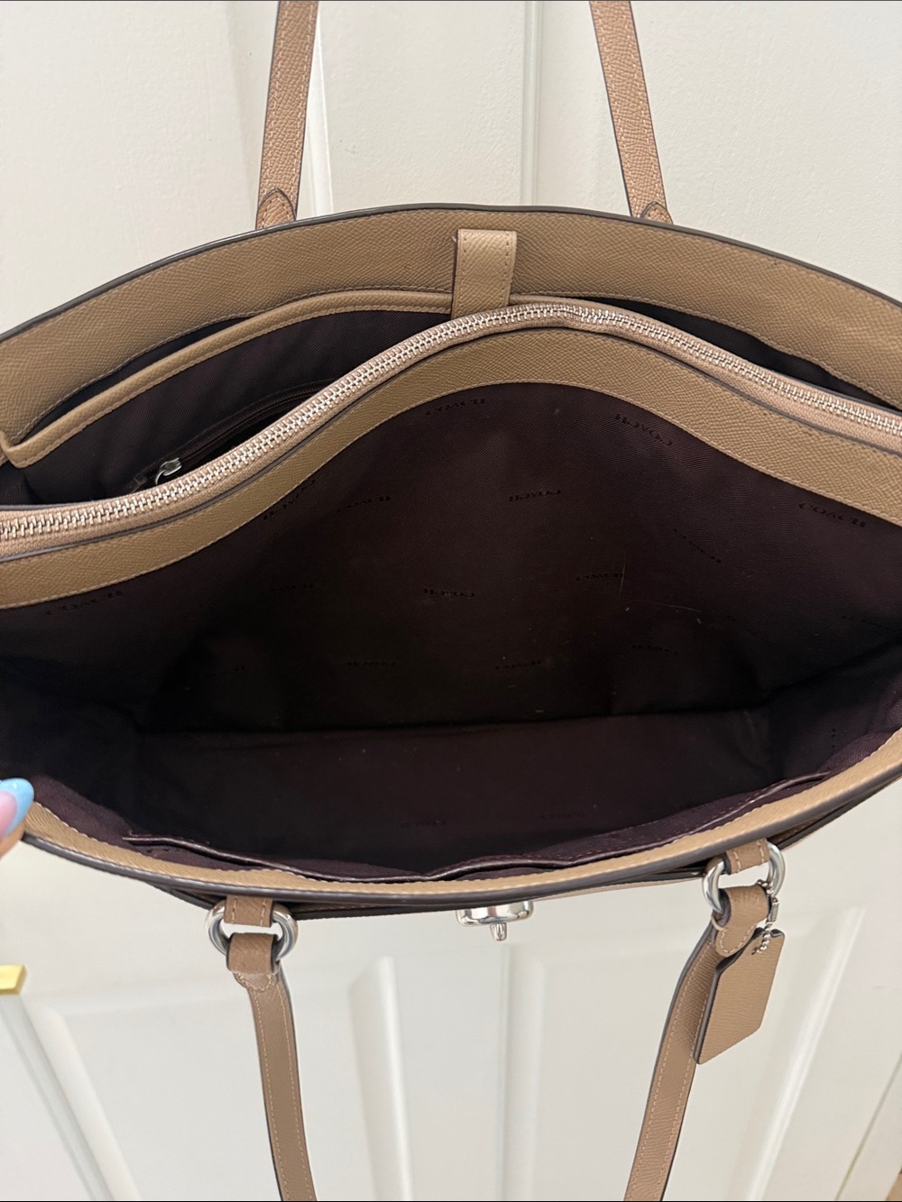 Coach Taupe Leather Tote with Turn-Lock Accent - Picture 4 of 11
